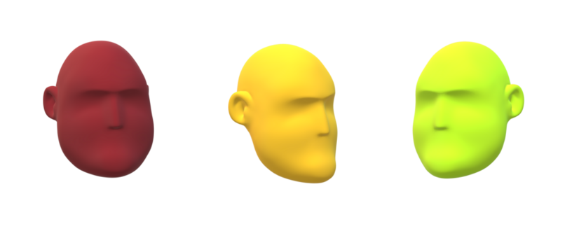 Three stylized human heads in red yellow and green hues against a showcasing diverse perspectives and creative interpretations of identity
