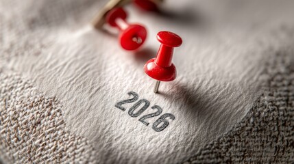 New year 2026 planning concept. Close-up macro image of red push pin marking the year 2026 on textured white paper planning and reminder concept for new year calendar goals future tasks or scheduling.