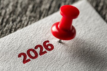 New year 2026 planning concept. Close-up macro image of red push pin marking the year 2026 on textured white paper planning and reminder concept for new year calendar goals future tasks or scheduling.