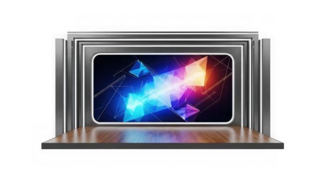 Futuristic stage with abstract glowing shapes on screen isolated on transparent background