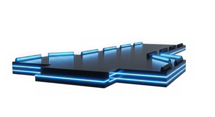 Glowing blue neon arrow shape isolated on transparent background