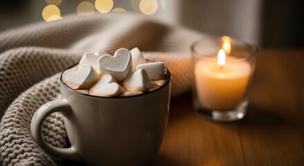 Cozy drink with heart-shaped marshmallows and lit candle at home  