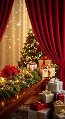 A luxurious Christmas scene featuring a table with floral garland and piled gifts, framed by deep red velvet curtains. A sparkling Christmas tree is visible in the background.