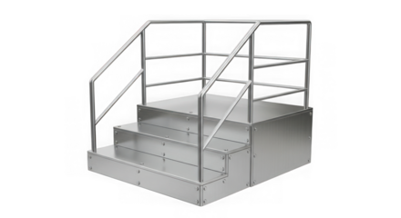 Industrial metal staircase with handrails isolated on transparent background