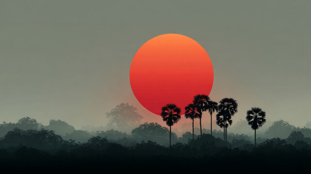 Large orange sun setting over palm tree silhouettes.