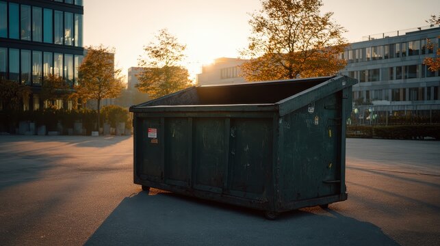 Vibrant photo of a modern black dumpster at sunset in an urban setting