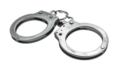 Shiny metal handcuffs, open position, against a dark background. Reflective, detailed design