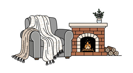 Naklejka premium Cozy Living Room Scene with Armchair, Fireplace, and Warm Blankets for Relaxation