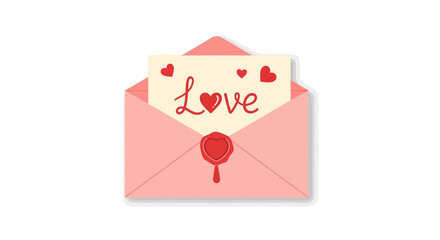 A romantic love letter in an open pink envelope with a red wax seal, a vector illustration message for Valentine's Day