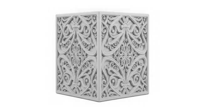 Intricate white geometric lattice cube isolated on transparent background