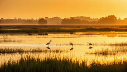 morning bird watching Serene wetland at sunset with birds standing in shallow water and golden light reflecting on the landscape.