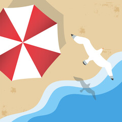Beach umbrella on sandy shore with sea waves top view. Summer vacation vector illustration