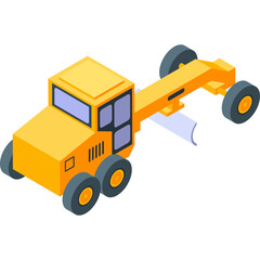 Yellow Road Grader Construction Vehicle Isometric Style Icon on Transparent Background Clean Simple Design for Heavy Machinery and Infrastructure Themes