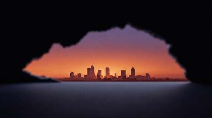 City skyline silhouetted against a vibrant sunset, seen through a dark, organic opening. Evokes mystery, discovery, and the allure of urban life. Ideal for travel, business, or conceptual designs.