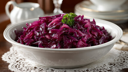 Bowl of red cabbage sauerkraut garnished with parsley