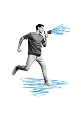 Trend artwork composite sketch image 3D photo collage of monochrome young man run moving tight hand...