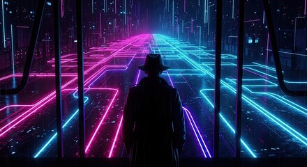Mysterious Figure in Neon-Lit Digital Cyberpunk World.