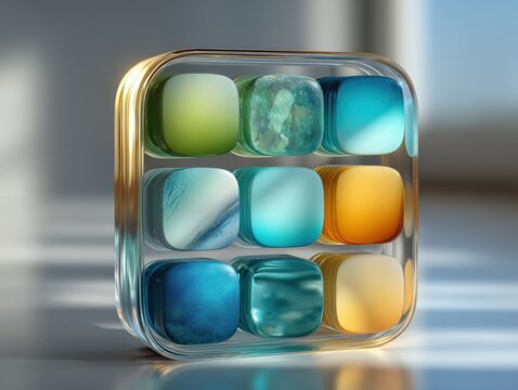 Blue Green Gradient Calendar Icon with Frosted Glass Texture, Axial Symmetry Industrial Design 4K Render