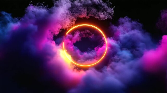 A glowing neon circle hovers through a colorful cloud of purple, orange, and pink hues on a dark background,