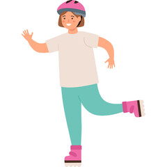 Smiling Young Person Wearing A Pink Helmet And Teal Pants Gliding On Roller Skates With One Leg Extended Upwards And Arm Waving In A Joyful Manner Against A Transparent Background
