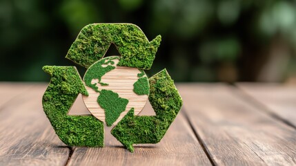 Eco Friendly Recycling Symbol Made of Green Grass and Wooden Earth Globe on Wooden Surface for Environmental Conservation