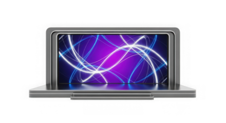 Modern laptop displaying abstract glowing light trails isolated on transparent background