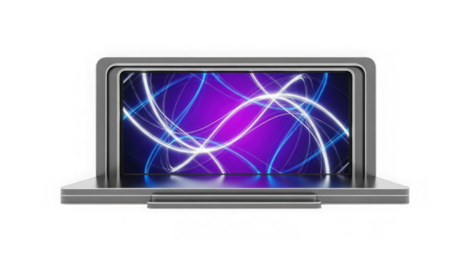 Modern laptop displaying abstract glowing light trails isolated on transparent background
