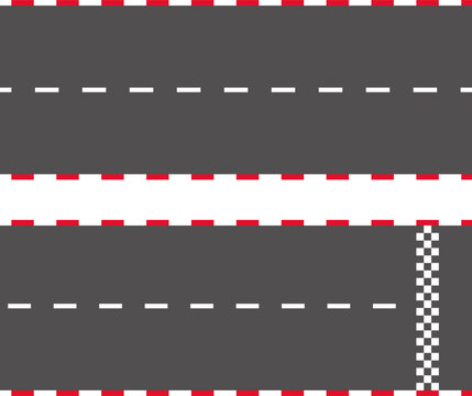 Race road start and finish, sport asphalt racetrack, wavy road top view, winding curves asphalt road vector.