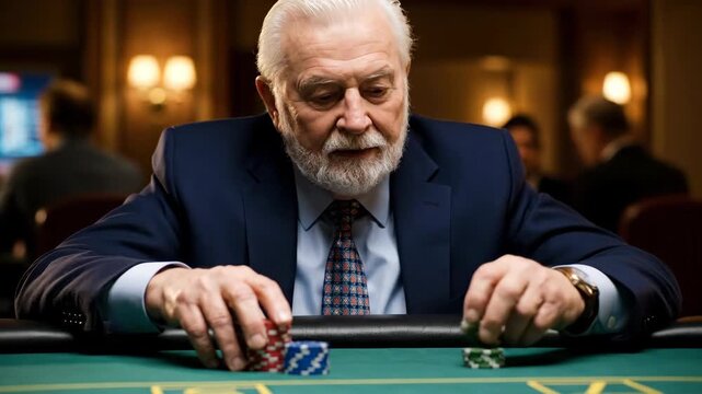 A wealthy and sophisticated senior man with a white beard wearing a suit plays a high-stakes poker game in a luxurious casino placing a bet with chips