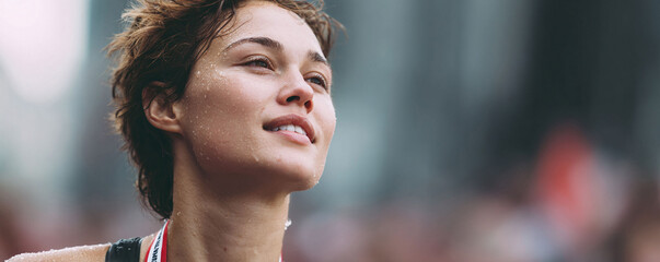 Closeup of a determined woman, glistening with sweat, looking upwards with a hopeful expression. Represents achievement, resilience, and the pursuit of dreams. Ideal for motivational content.