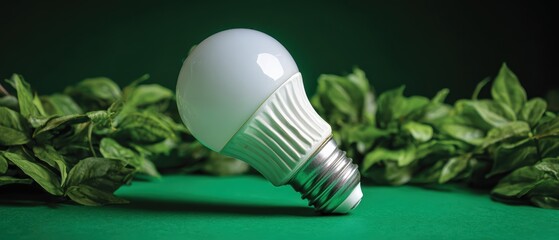 Energy saving eco friendly light bulb lying on green leaves with natural background for sustainable technology and environmental conservation