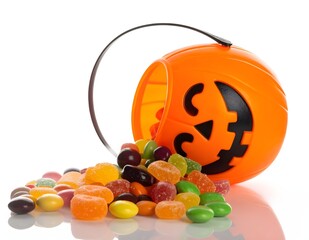 Orange jacko'lantern bucket spilling assorted candies onto white surface in studio setting, creating a festive and playful Halloween scene.