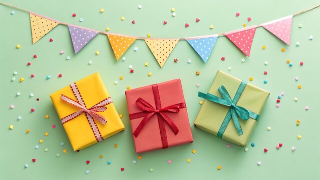 Festive arrangement featuring three beautifully wrapped gifts in yellow, red, and green, adorned with colorful ribbons and confetti, set against a cheerful green background with a vibrant bunting