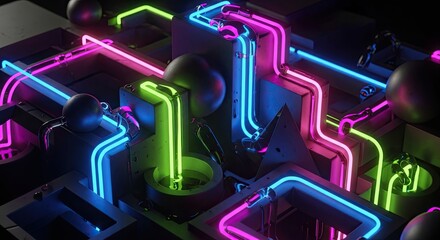Abstract Neon Light Tubes Interconnected in a Futuristic System.