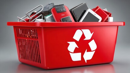 Red recycling basket overflowing with old electronics including smartphones tablets chargers and miscellaneous gadgets on gray background