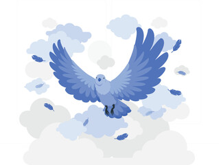 Blue dove flying with spread wings among clouds and feathers Keywords: dove, bird, flying, wings, spread, blue, feathers, clouds, sky, freedom, peace, hope, spirituality, nature, wildlife, flight