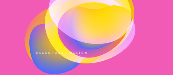 Abstract colorful shapes overlap, creating vibrant visual effect. Pink background complements yellow, blue gradients. Modern design element.