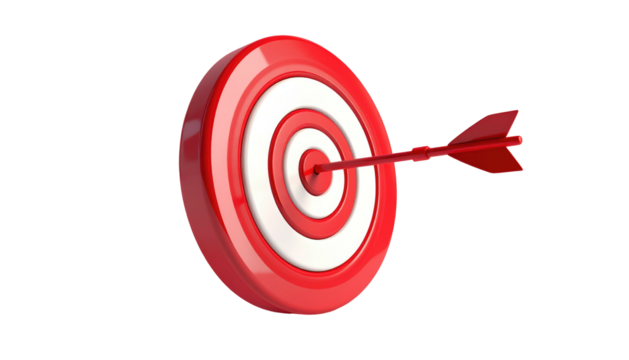 3D rendering of a red-and-white bullseye target with a red arrow hitting the center, isolated on a black background