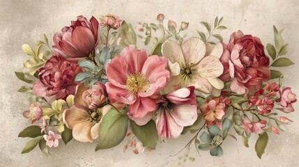 Beautiful bouquet of pink and cream open flowers with green leaves in soft pastel tones for floral arrangement or decoration