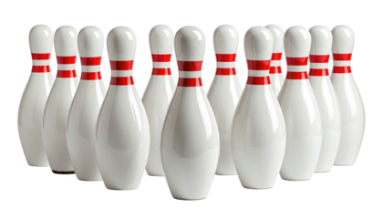 Group of white bowling pins with red stripes are arranged on a black background, ready for a strike