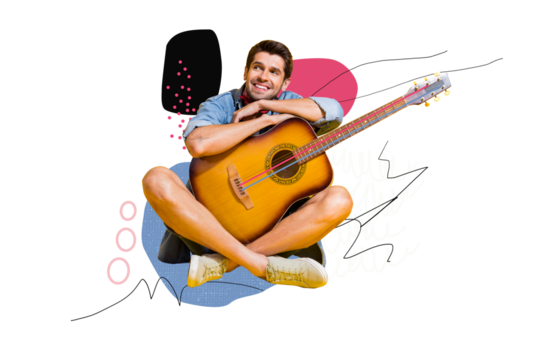Composite photo collage of happy man performer hold acoustic guitar concert singer melody note music isolated on painted background
