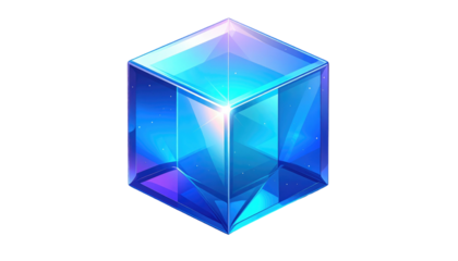 Luminescent, transparent cube casting light with soft blue hues, isolated against a stark black background