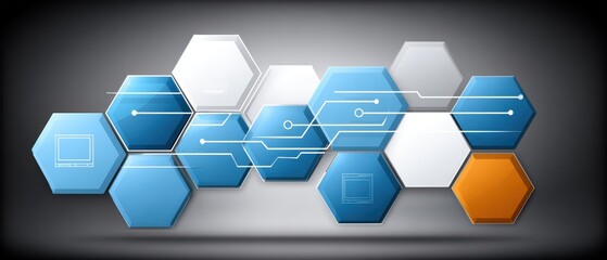Modern abstract technology background with interconnected hexagons and digital circuits in blue, white, and orange tones for innovation