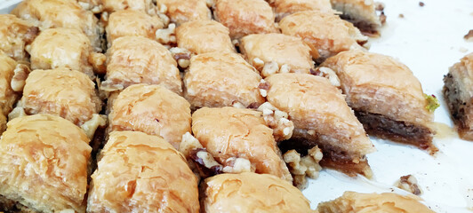 Traditional Turkish dessert; Handmade walnut baklava. Turkish name; cevizli baklava
