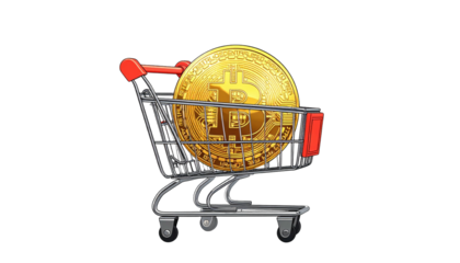 Coin in shopping cart. Crypto concept digital currency, purchase, transaction on black background