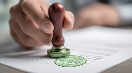 Close-up of a person stamping a document with a red rubber stamp and green ink pad, symbolizing approval, verification, or official action