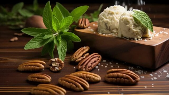 Enjoying creamy dessert with pecans and fresh mint on a rustic wooden table during a cozy evening gathering