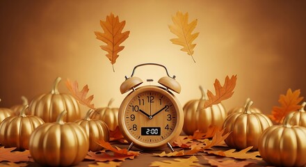 A vintage alarm clock sits amidst golden pumpkins and fallen autumn leaves, with two oak leaves floating above, set against a warm, gradient background, symbolizing the arrival of fall