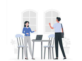 Business Meeting in a Cafe with Laptop and Chairs Keywords: business, meeting, cafe, laptop, table, chairs, conversation, discussion, collaboration, people, man, woman, professional, work, office