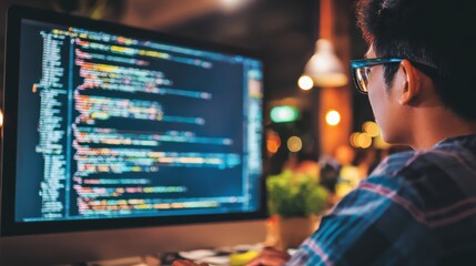 Young male programmer working on code at night using desktop computer with colorful code editor display in a cozy modern workspace